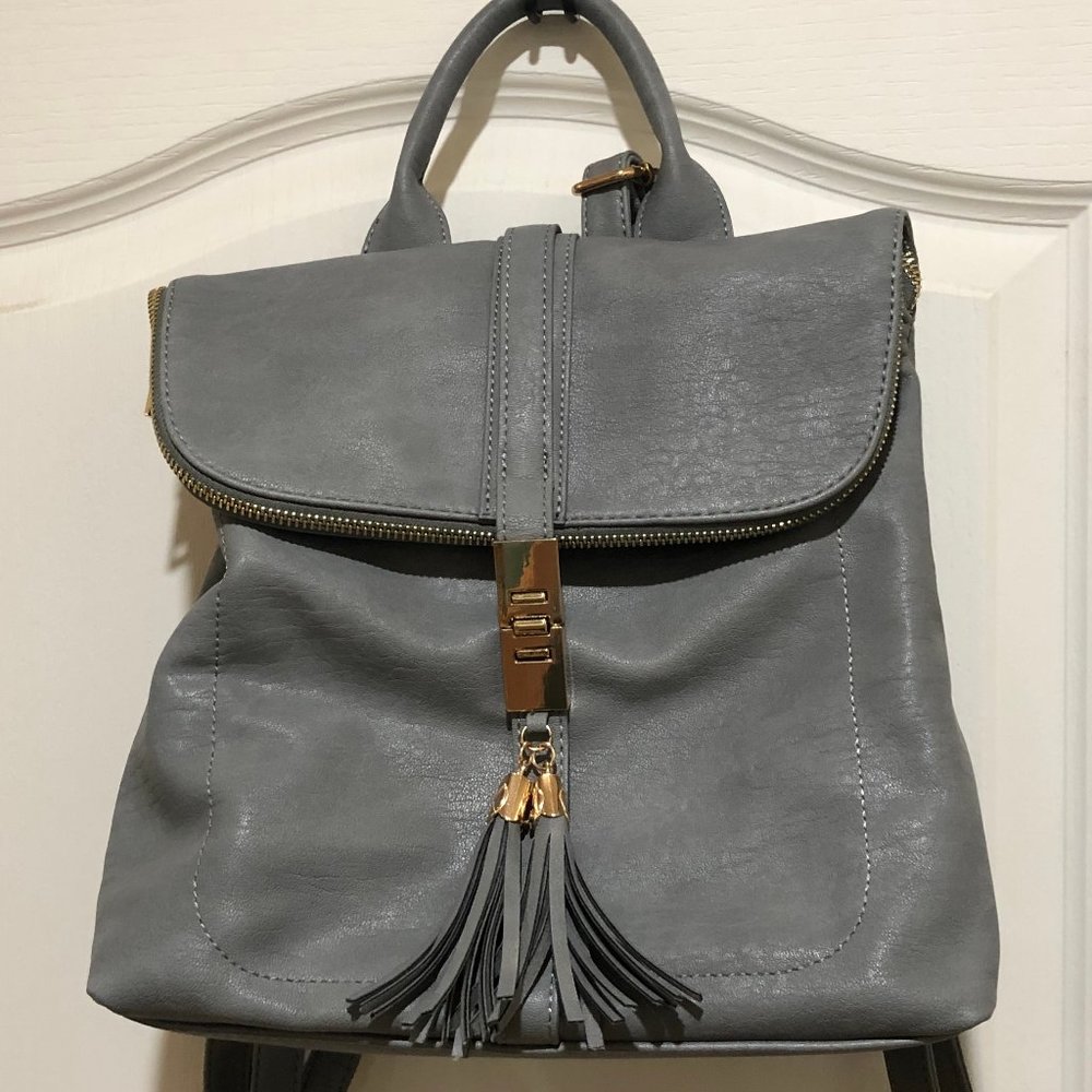 Grey Vegan Leather Tassel Lock Backpack - Super Cute!